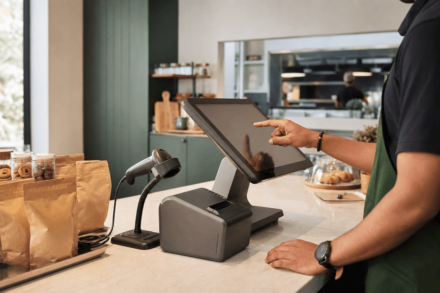 A cashier using a touchscreen POS with a barcode scanner and receipt printer at a modern Indian shop counter
